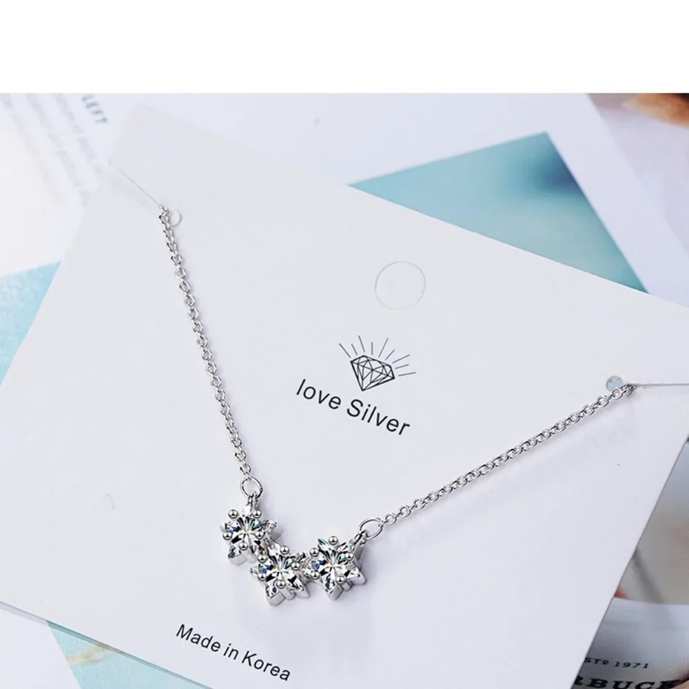#NEW 925 Sterling Silver Diamond Triple Star Necklace